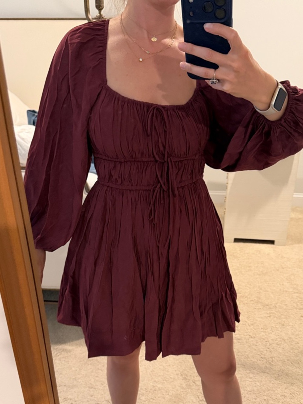 fab'rik Burgundy Puff-Sleeve Smocked Mini Dress